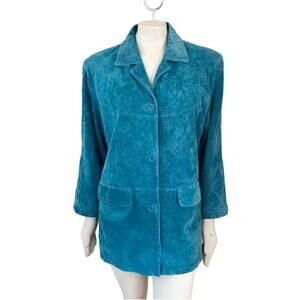 VTG JESSICA HOLBROOK Washable Suede Button Front Blazer Coat in Teal Blue SZ L